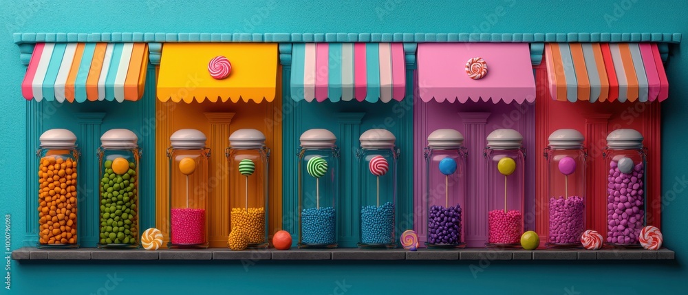 Colorful candy jars displayed on a vibrant background, creating a cheerful decoration. Colorful candy jars displayed on a vibrant background, creating a cheerful decoration.