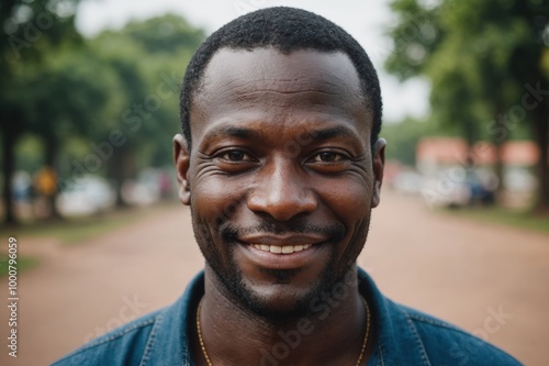 Close portrait of a smiling 40s Ivorian man looking at the camera, Ivorian outdoors blurred background photo