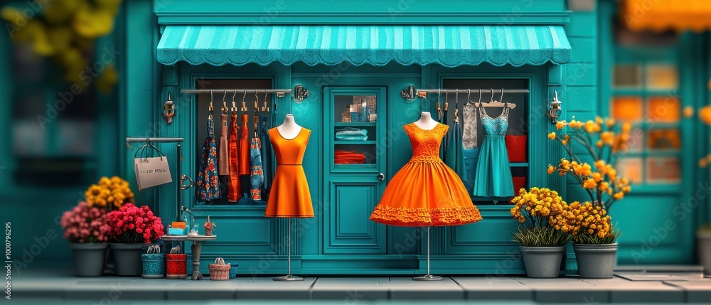 Naklejka premium Colorful dress shop with mannequins, vibrant flowers, and a charming storefront.