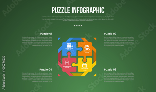 puzzle or jigsaw base infographic with square base on center with 4 point with dark style for slide presentation