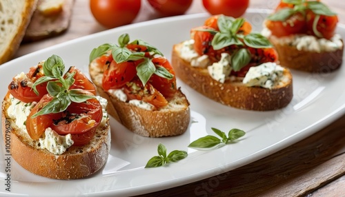  Freshly prepared bruschetta with tomatoes and basil