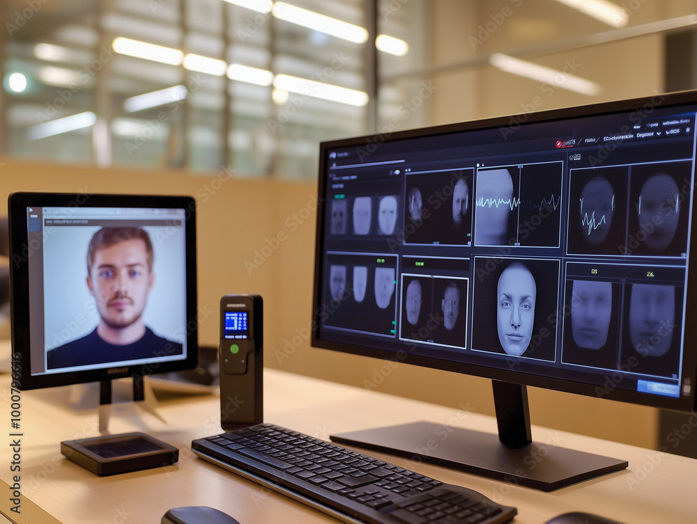 Naklejka premium Facial Recognition Software on Computer Monitors in Lab