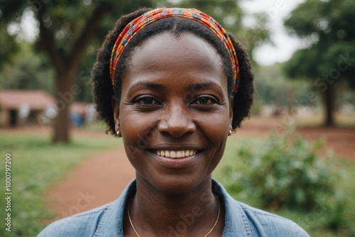 Close portrait of a smiling 40s Kenyan woman looking at the camera, Kenyan outdoors blurred background