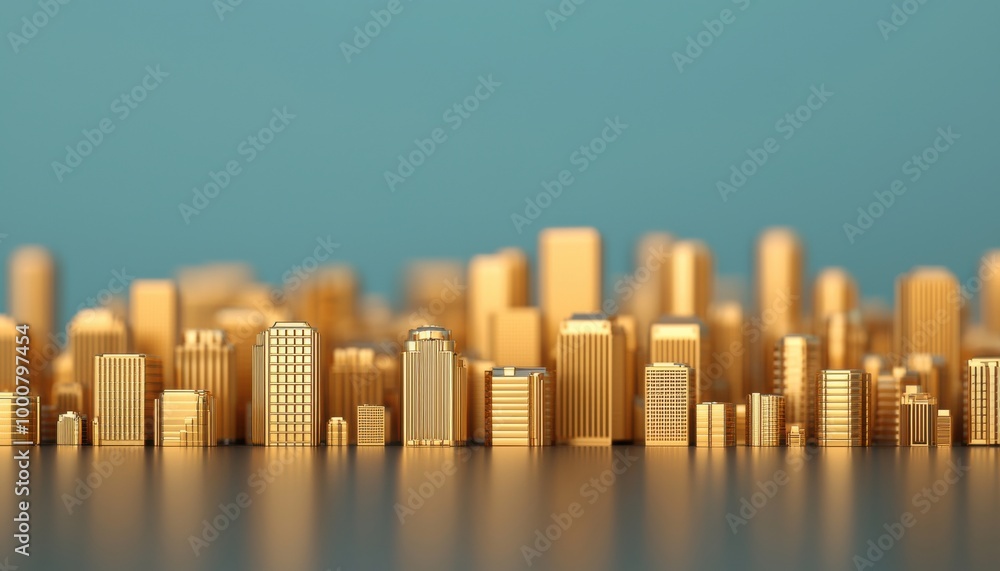 Golden city skyline model on a smooth surface with a blue background. Golden city skyline model on a smooth surface with a blue background.