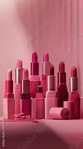 A row of pink lipsticks are displayed on a table