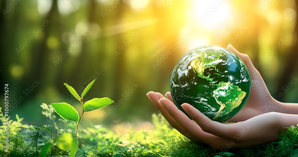 A pair of hands holding a green earth globe in a forest setting, surrounded by greenery and with the sun shining brightly in the background. A pair of hands holding a green earth globe in a forest setting, surrounded by greenery and with the sun shining brightly in the background.