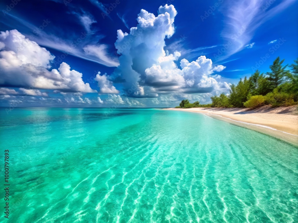 Obraz premium Bimini Island features tranquil beaches adorned with soft white sand, surrounded by crystal-clear waters beneath a