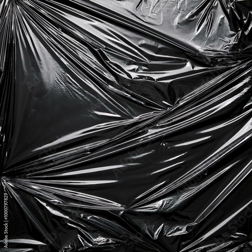 black and white abstract background, Wrinkled plastic wrap texture on a black background