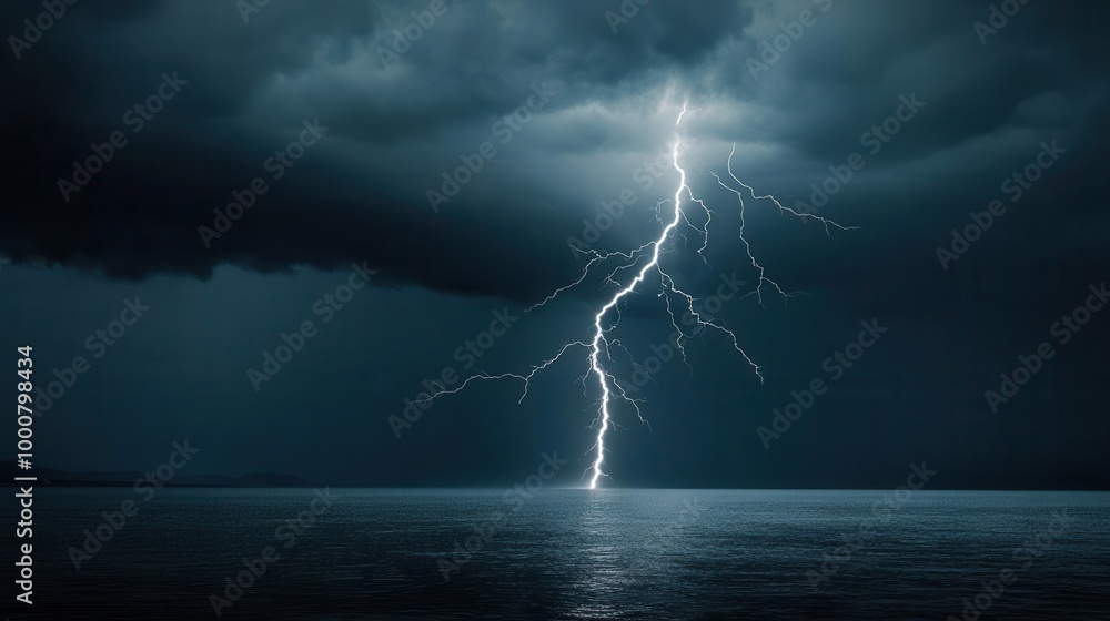 Dramatic lightning striking the ocean under dark storm clouds Dramatic lightning striking the ocean under dark storm clouds