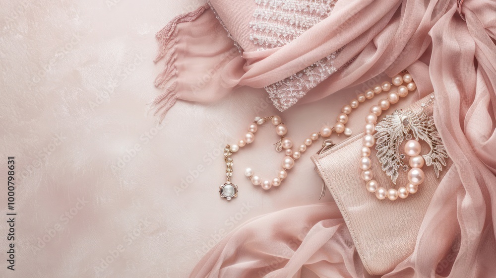 Elegant Pearl Necklace and Clutch Bag on a Pink Background Elegant Pearl Necklace and Clutch Bag on a Pink Background