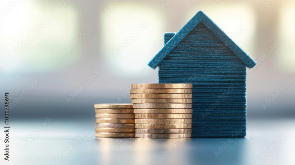 Model house with coins representing investment and savings concept.