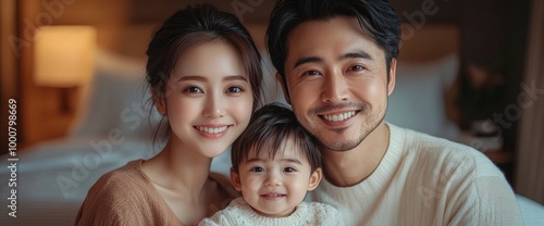 Happy Asian Family Portrait in a Hotel Room