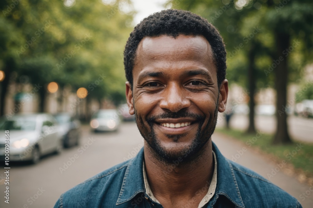 Close portrait of a smiling 40s Lesothan man looking at the camera, Lesothan outdoors blurred background Close portrait of a smiling 40s Lesothan man looking at the camera, Lesothan outdoors blurred background