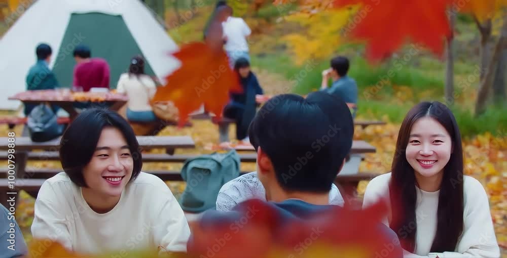 Korean youth enjoying a cozy autumn picnic, chatting around a camp table with fall leaves in the air and a scenic camp in the background Korean youth enjoying a cozy autumn picnic, chatting around a camp table with fall leaves in the air and a scenic camp in the background