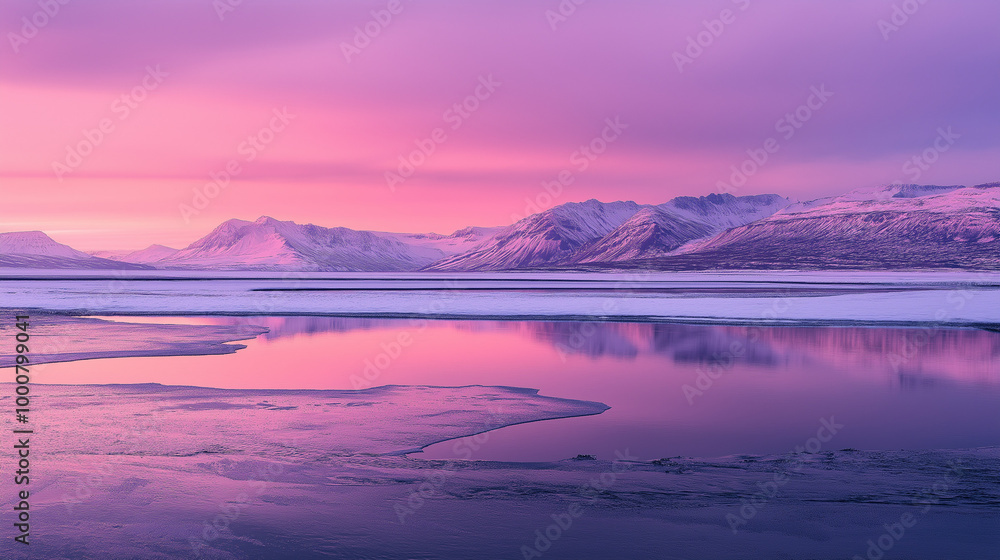 Obraz premium Snowy Landscape at Sunset with Pink and Purple Sky
