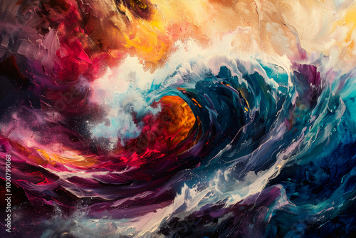 A tempestuous scene of vibrant waves crashing against each other, painted in intense, vivid colors
