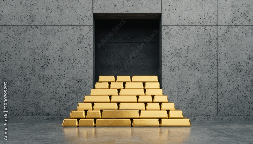 Obraz premium Stack of gold bars against a modern concrete wall.
