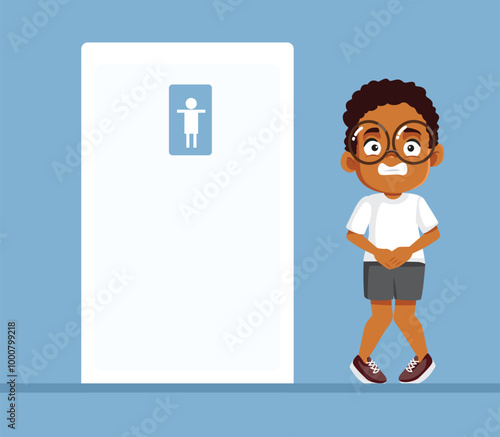 Child Waiting to use the Bathroom Vector Cartoon Illustration. Little boy in urgent need to go to the bathroom 
