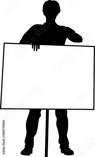 Protestor or demonstrator at a demonstration march, picket line or strike protest rally in silhouette. Holding up a banner or picket sign board placard.