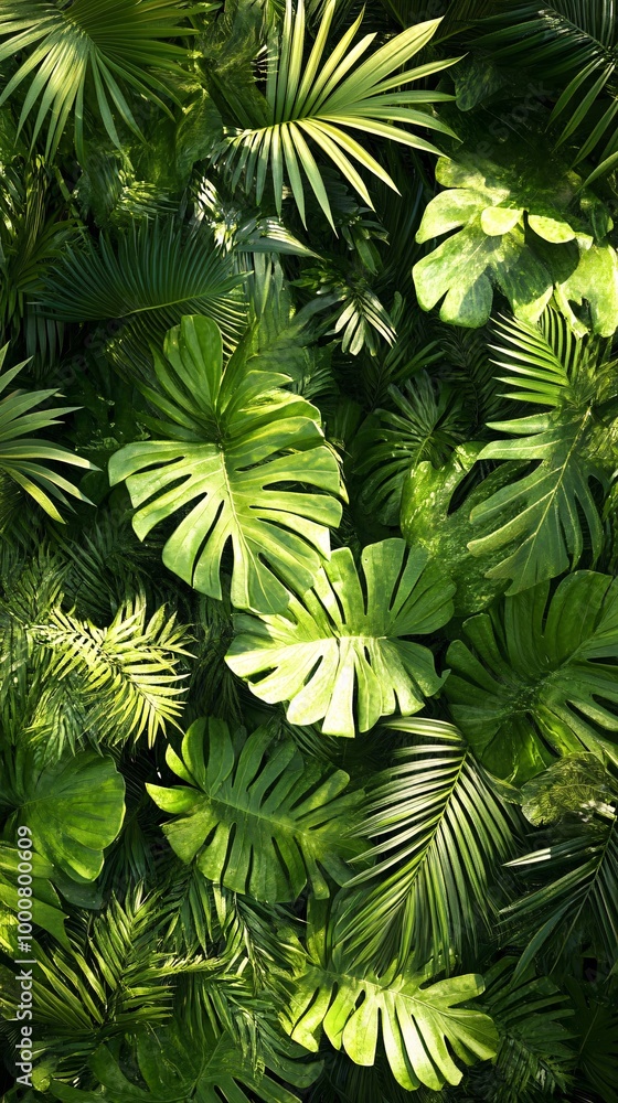 Green tropical leaves, lush foliage background Green tropical leaves, lush foliage background