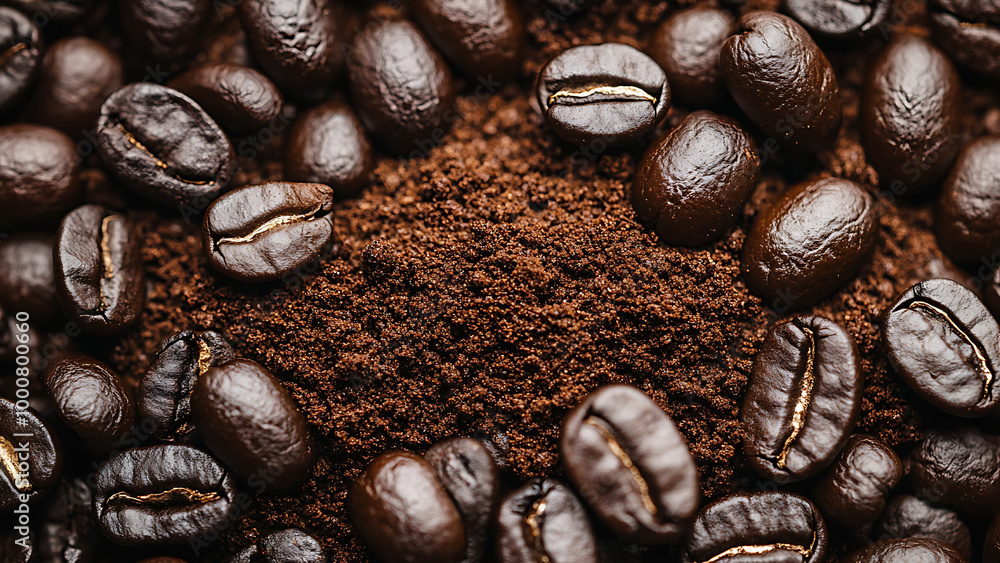 Dark brown coffee beans are scattered over ground coffee. Dark brown coffee beans are scattered over ground coffee.