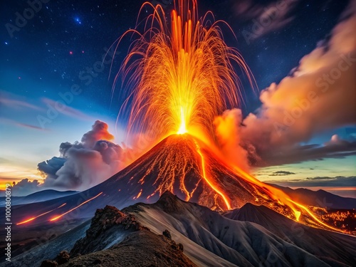 Breathtaking Strombolian eruption displays mesmerizing lava fountains and dynamic volcanic activity, brilliantly