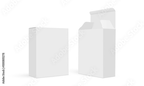 Blank Rectangular Boxes Mockups. Opened And Closed Lid, Side View, Isolated On White Background. Vector Illustration