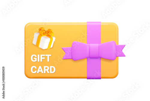 3d yellow gift card with purple bow, and gift box. Gift certificate for promotion of goods for holidays, birthdays and discount coupon concept. Stock vector illustration on isolated background.
