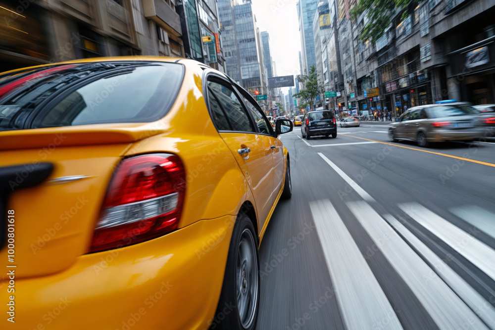 Yellow taxi speeds through bustling urban street, capturing the energy and motion of a vibrant city with skyscrapers and traffic in background Yellow taxi speeds through bustling urban street, capturing the energy and motion of a vibrant city with skyscrapers and traffic in background