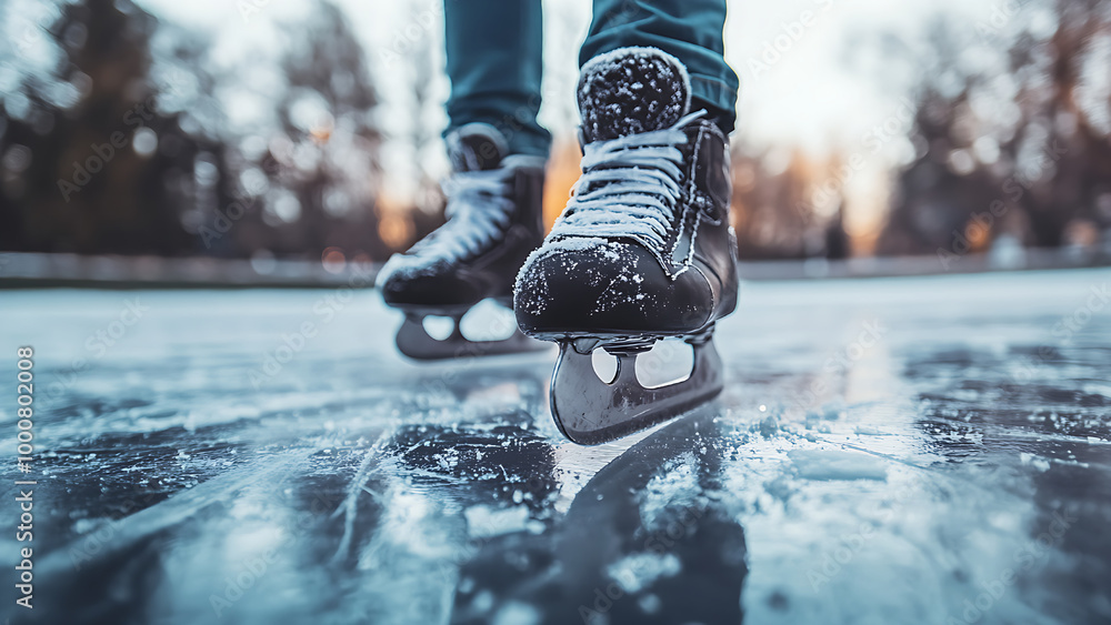 Close-up of ice hockey skates gliding on ice, with splashing water. Close-up of ice hockey skates gliding on ice, with splashing water.