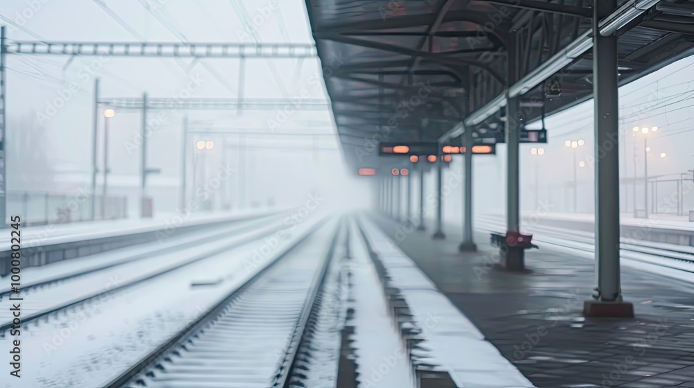 Winter station with blurred snow-covered tracks a gray platform and sky Winter station with blurred snow-covered tracks a gray platform and sky