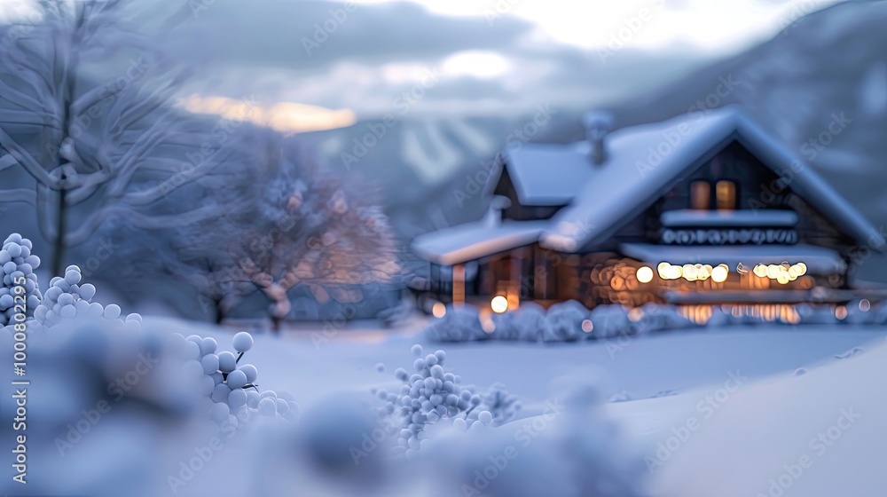 Soft-focus snowy mountain lodge with frosted peaks and a cloudy winter sky Soft-focus snowy mountain lodge with frosted peaks and a cloudy winter sky