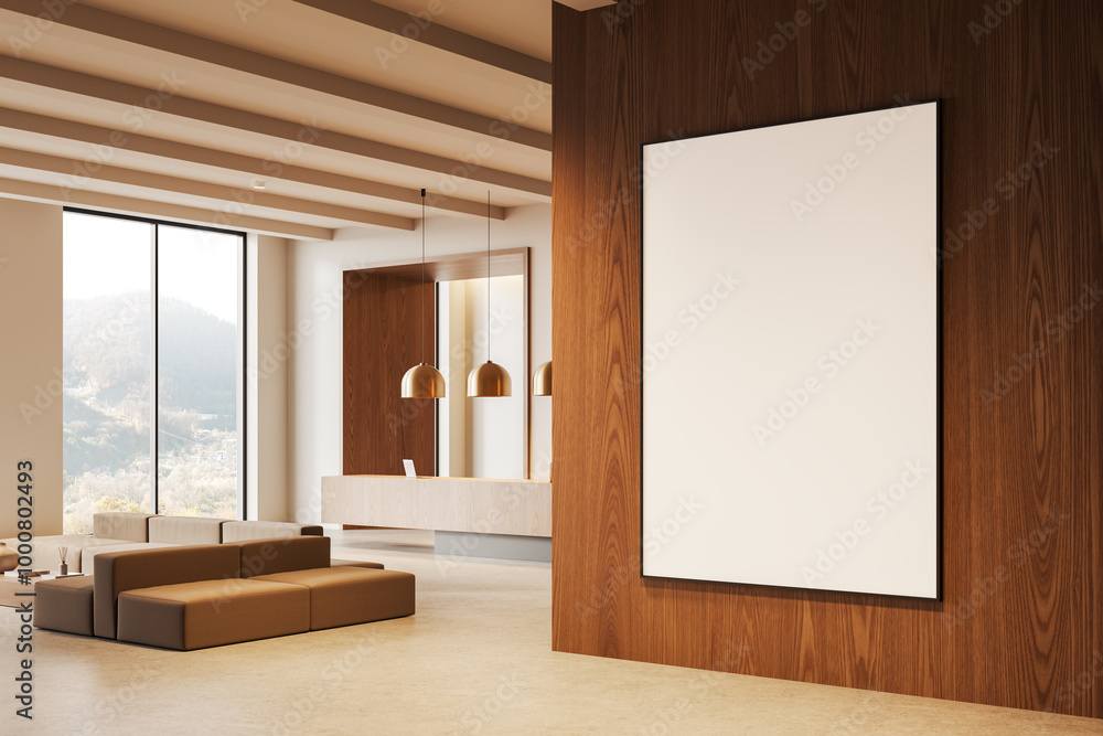 Cozy lobby interior with waiting zone and reception desk, window. Mockup frame Cozy lobby interior with waiting zone and reception desk, window. Mockup frame