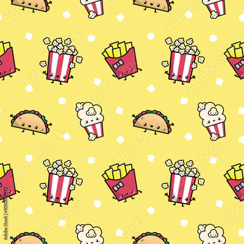 KAWAII SMILING FAST FOOD CHARACTER SEAMLESS PATTERN