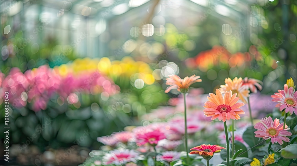 Obraz premium Blurry spring exhibit with exotic flowers and a bright clear sky