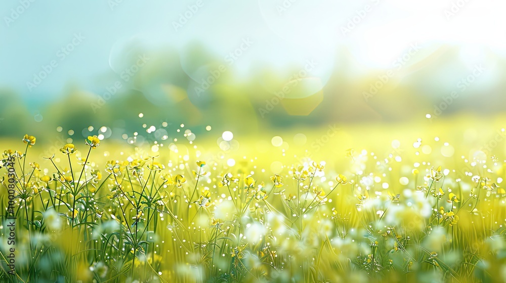 Fototapeta premium Blurry spring meadow with blooming bushes and a bright clear sky