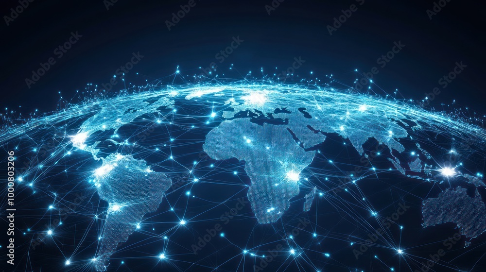 Digital representation of a connected world with glowing network lines over a globe. Digital representation of a connected world with glowing network lines over a globe.