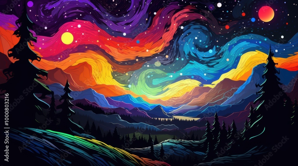 Fototapeta premium A Vibrant Night Sky with Silhouetted Trees and Mountains