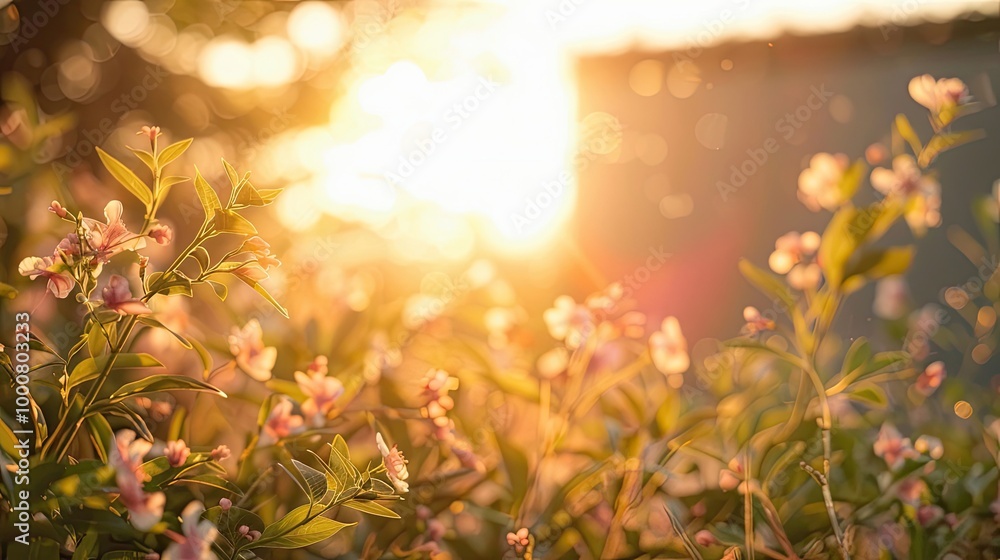 Blurry spring film set with floral decorations and a bright sky Blurry spring film set with floral decorations and a bright sky