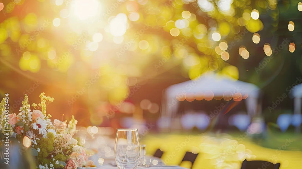 Blurry spring wedding reception with floral decor and a warm sunny sky Blurry spring wedding reception with floral decor and a warm sunny sky