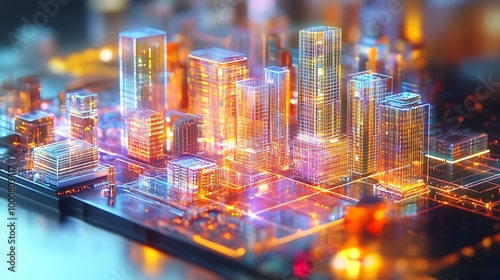 A 3D simulation of a smart grid, visualizing the flow of renewable energy from various sources to consumers, with real-time data representation.
