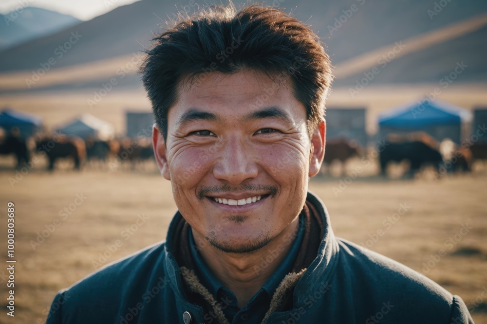 Close portrait of a smiling 40s Mongolian man looking at the camera, Mongolian outdoors blurred background Close portrait of a smiling 40s Mongolian man looking at the camera, Mongolian outdoors blurred background