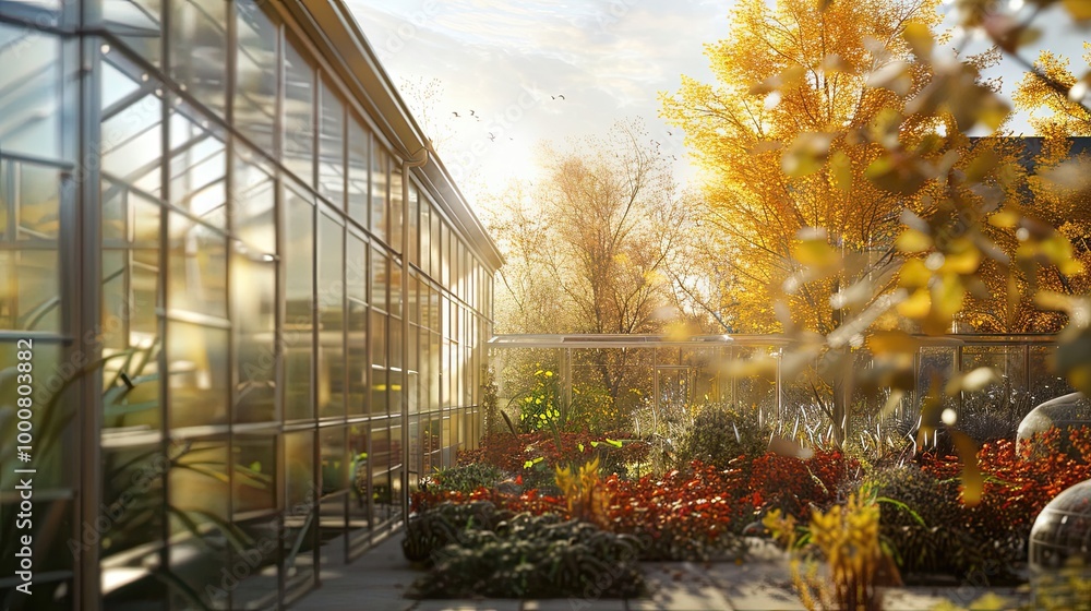 Blurred fall botanical center with softened plant exhibits and a bright sky Blurred fall botanical center with softened plant exhibits and a bright sky