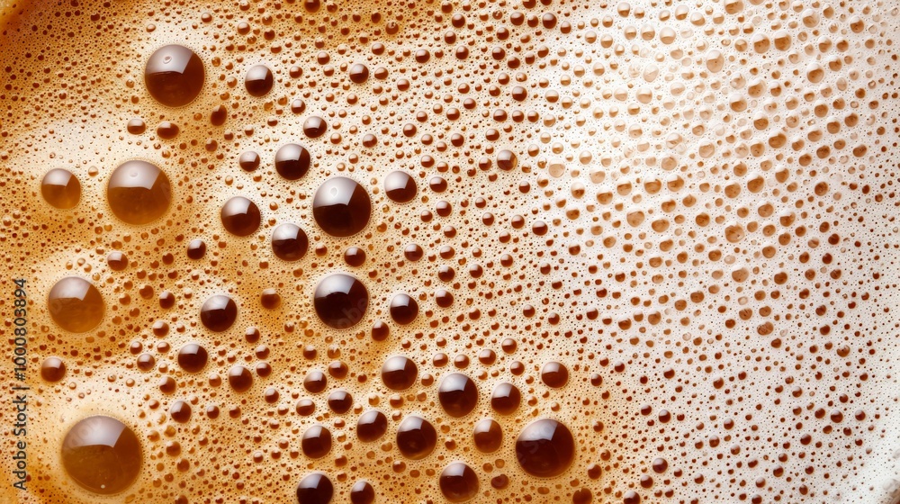 A close-up of cappuccino foam with microbubbles, highlighting the rich texture and inviting warmth of the drink A close-up of cappuccino foam with microbubbles, highlighting the rich texture and inviting warmth of the drink