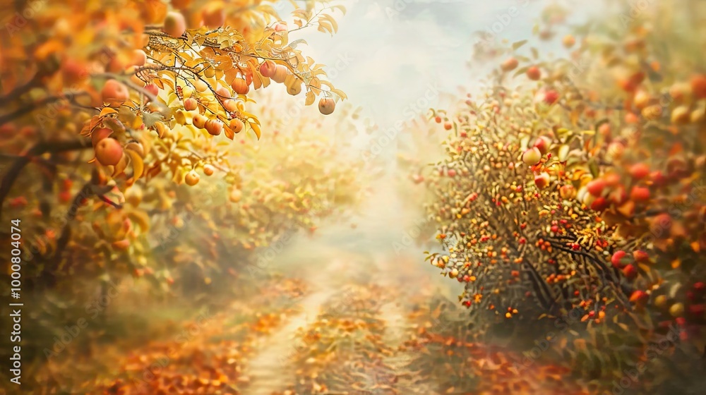 Blurred autumn orchard path with softened apple trees and bright cool skies Blurred autumn orchard path with softened apple trees and bright cool skies
