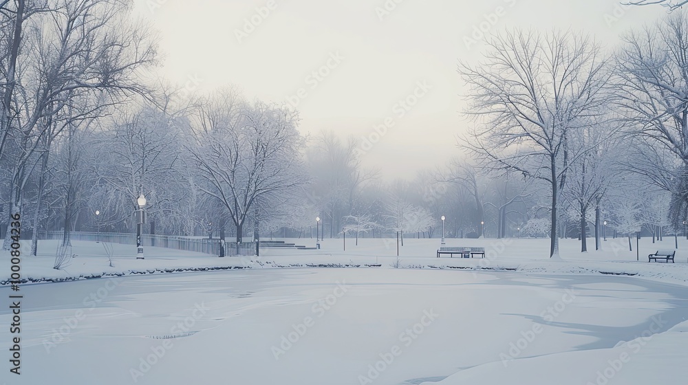 Blurred snow-covered park with frozen pond and leafless trees under a gray sky Blurred snow-covered park with frozen pond and leafless trees under a gray sky