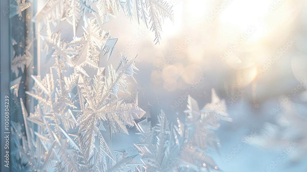Blurred frost patterns on a window with soft light and a serene winter scene Blurred frost patterns on a window with soft light and a serene winter scene