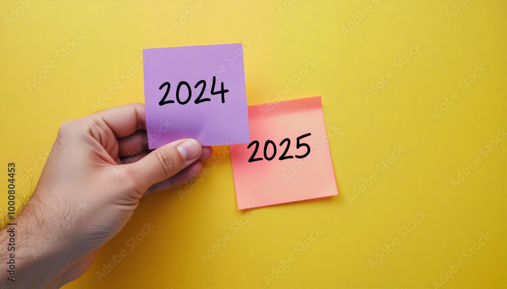 Businessman choosing year 2024 over 2025 on sticky notes Businessman choosing year 2024 over 2025 on sticky notes