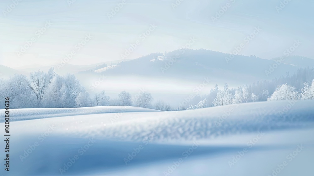 Blurred snowy hills and distant misty horizon in soft gray and blue winter tones Blurred snowy hills and distant misty horizon in soft gray and blue winter tones