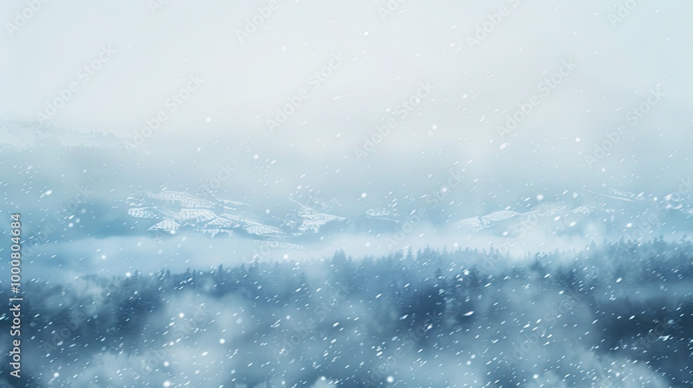 Winter scene with blurred snow-covered hills and faint snowfall peaceful in January Winter scene with blurred snow-covered hills and faint snowfall peaceful in January